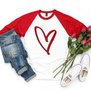 Red Glitter Heart Valentines Day Raglan Tee *S-2XL